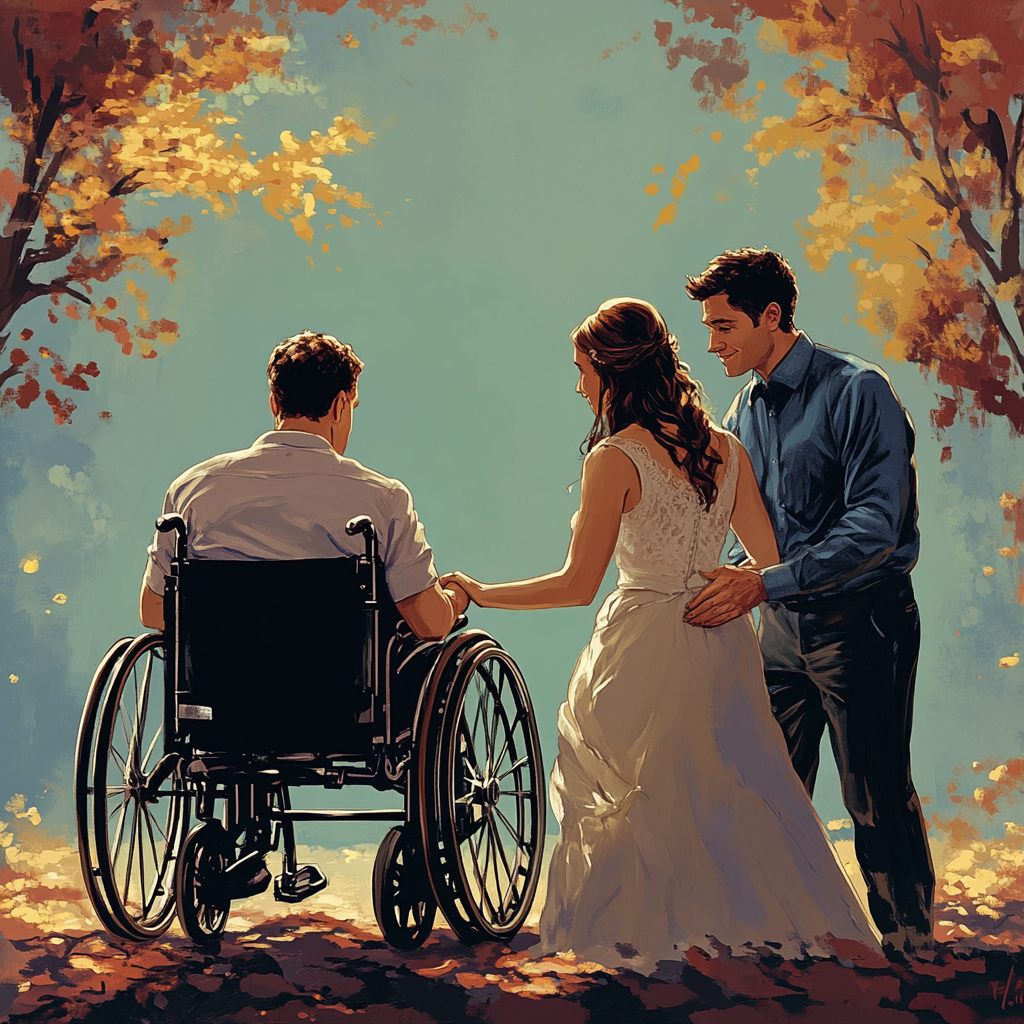 A man in a wheelchair sits as a woman who is in a wedding dress places her hand on his. While another man who is standing on the other side of the woman, has his hand placed on her lower back.