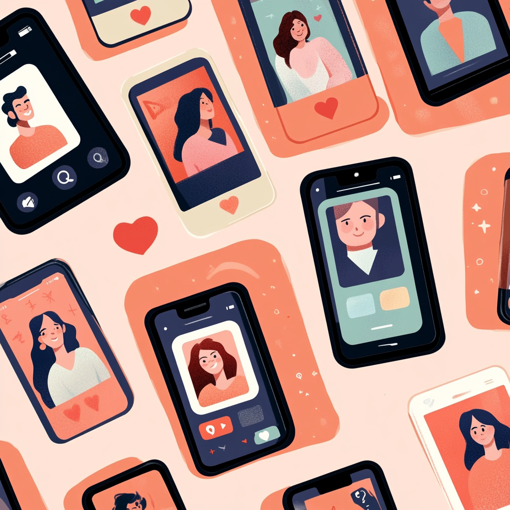 A cartoon photo of a bunch of phones displaying different peoples dating profiles