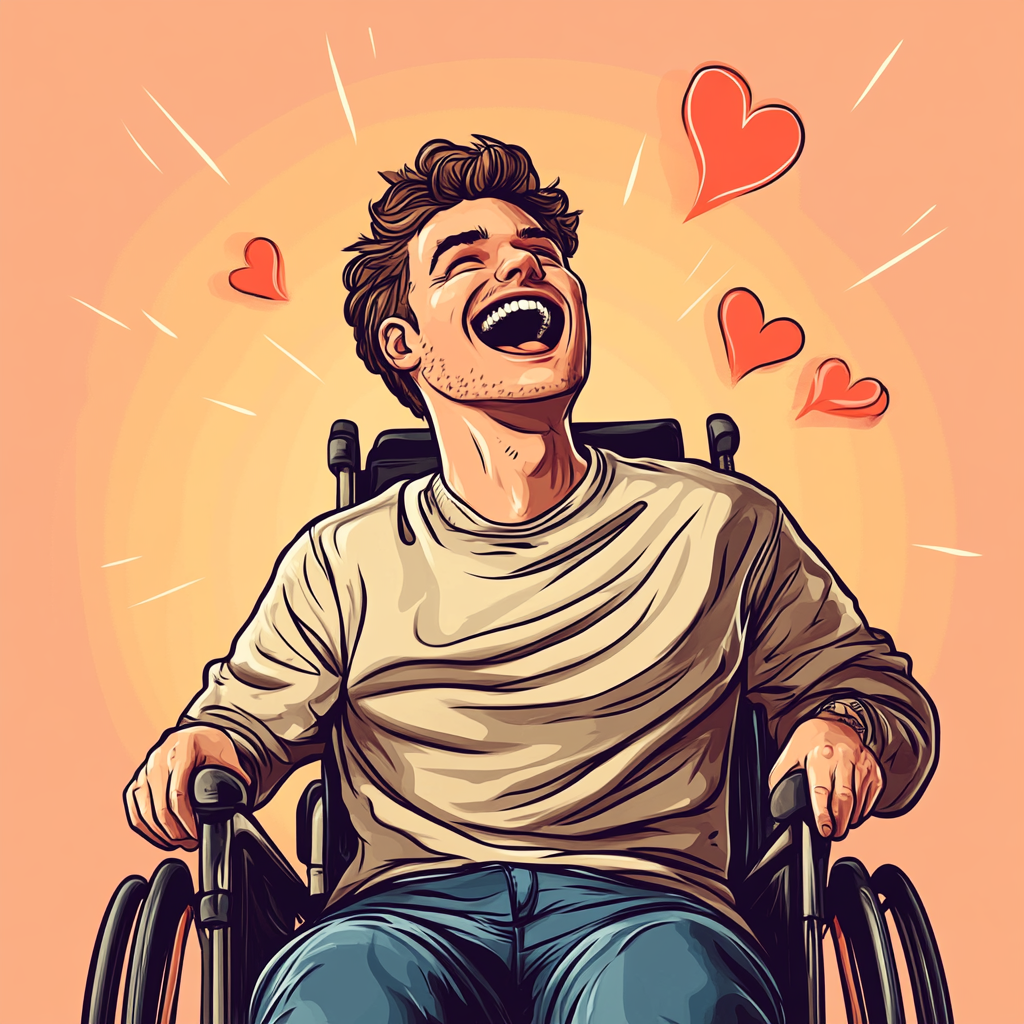 Cartoon picture of a young man in a wheelchair looking up and laughing. He has love hearts behind him